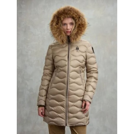 BLAUER piumino lungo trapuntato ad onde orizzontali con cappuccio fisso BEIGE