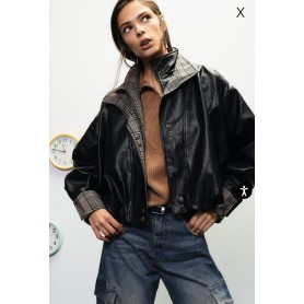 DIXIE giacca in similpelle collo check e zip NERO