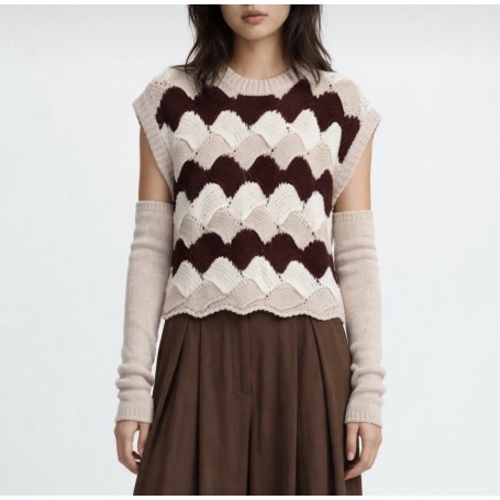 DIXIE maglione smanicato fantasia geometrica con manicotti BORDEAUX/PANNA/ROSA