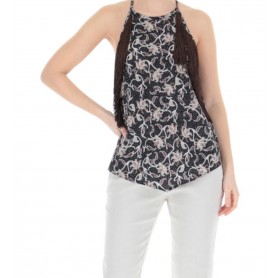 PINKO top TITUBANTE georgette stampa ramage NERO/BEIGE/MARRONE