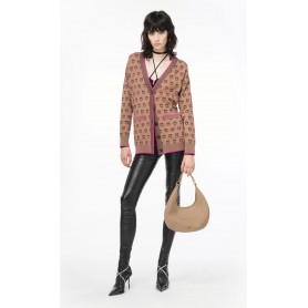 PINKO cardigan jacquard logo Love Birds CAMMELLO/NERO/FUXIA