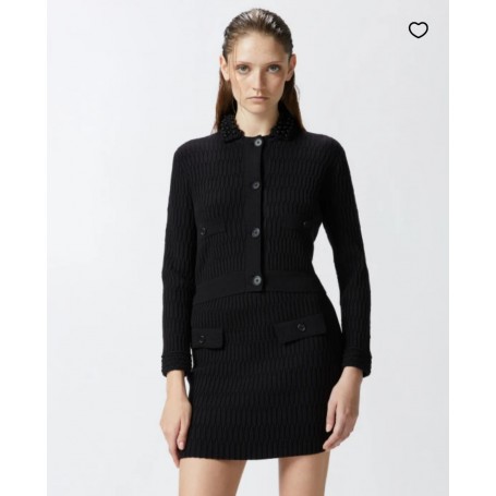 PINKO giacca corta in maglia colletto crochet con perle NERO